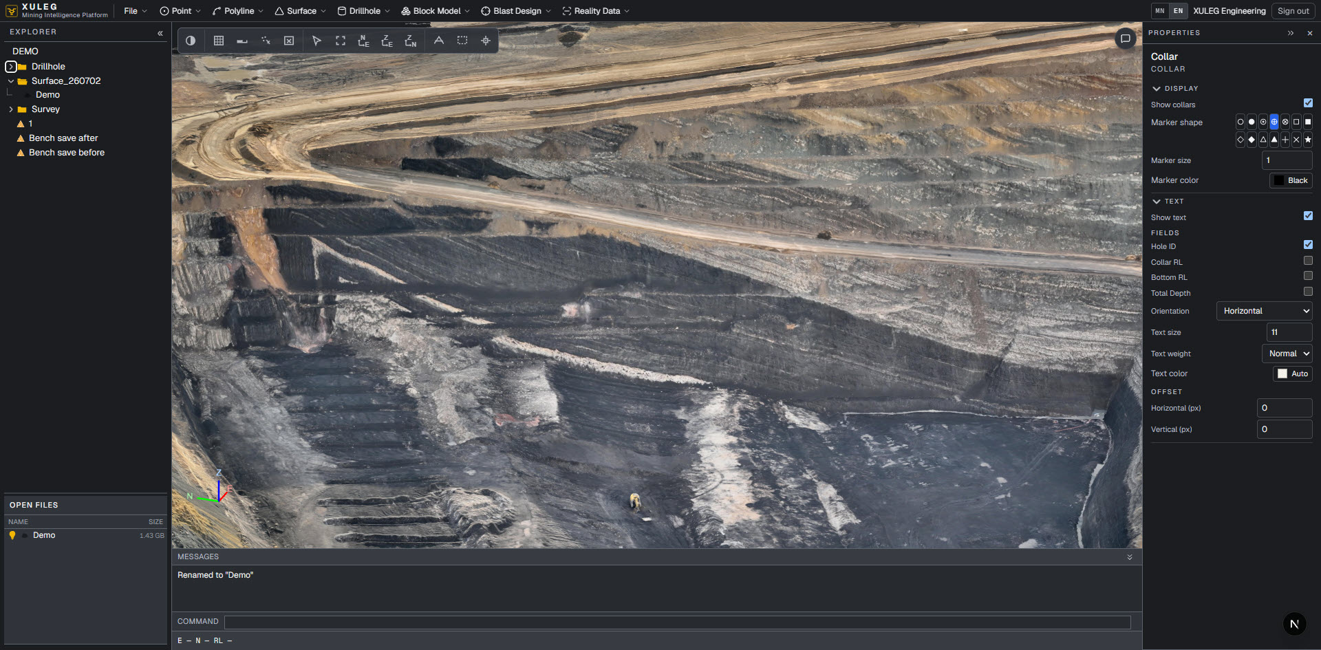 Screenshot of the XULEG application showing an open-pit mine in the 3D viewer
